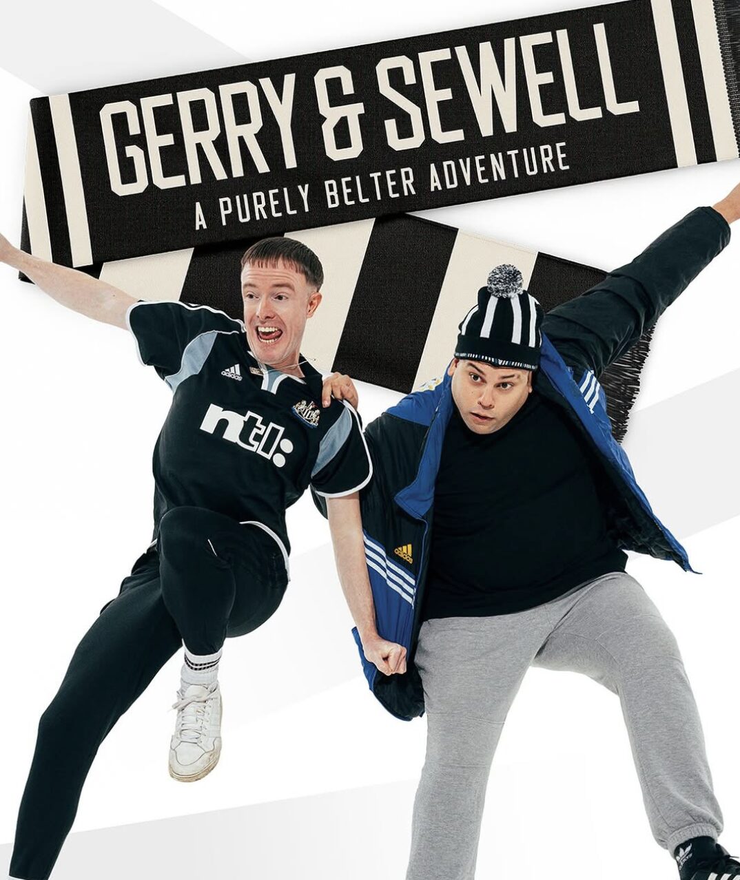 Gerry and Sewell key art, two lads in Newcastle United kit mid-jump under the show's clapperboard logo